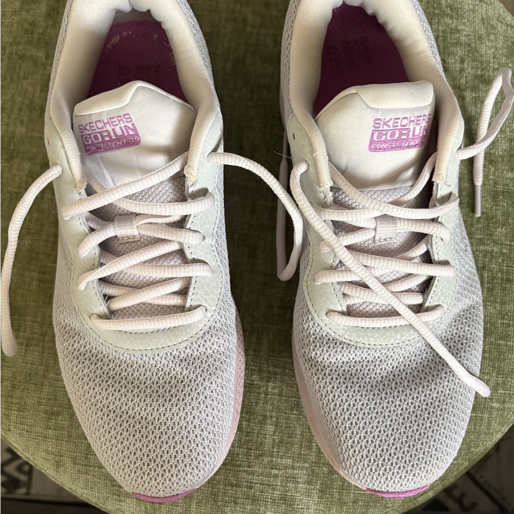 Skechers Light White Sneakers with Pink Accents